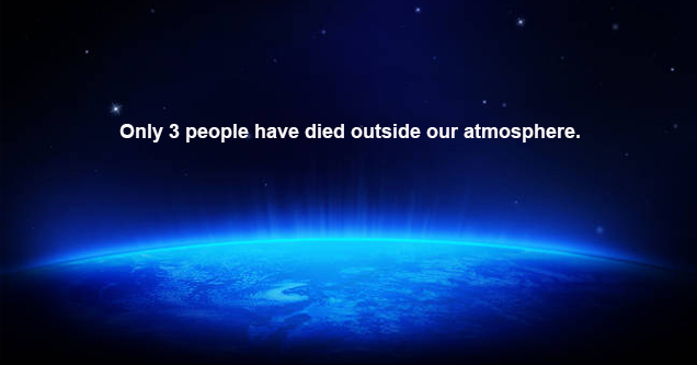 Picture of earth and space. Text reads: Only 3 people have died outside our atmosphere.