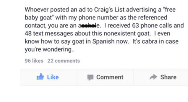 Whoever posted an ad to Craig's List advertising a 'free baby goat' with my phone number as the referenced contact, you are an I received 63 phone calls and 48 text messages about this nonexistent goat. I even know how to say goat in Spanish now. It's cab