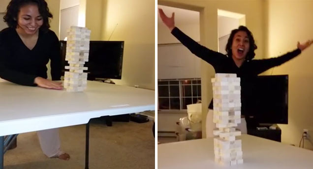 girl pulls off jenga move