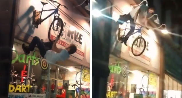 guy climbs bmx sign fail