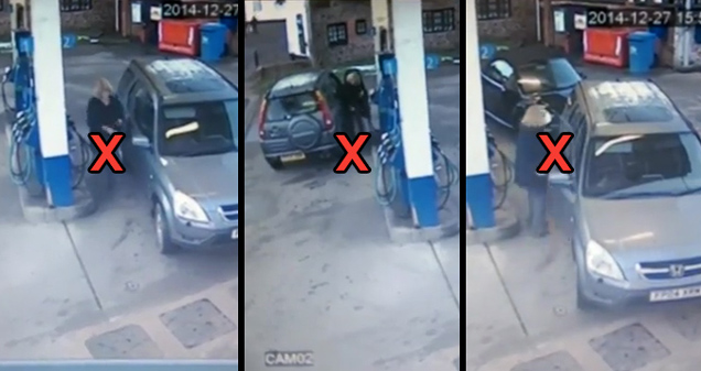 woman trying to pump gas into her suv