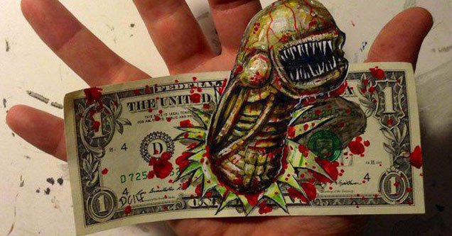 chest bursting alien 3d dollar bill art