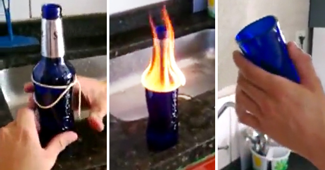 blue beer bottle transformed into drinking glass