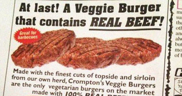 Ad reads: At last! A Veggie Burger that contains REAL BEEF!