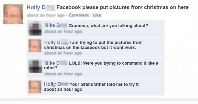 Facebook post wherein a grandparent tries to command Facebook to post pictures from her Christmas.