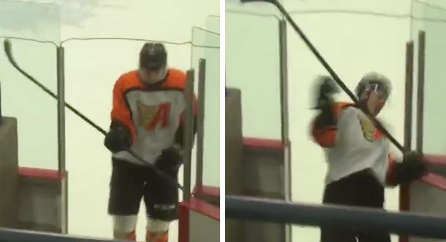 hockey player clotheslined by own stick