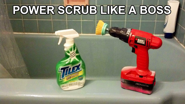 tilex spray bottle and black and decker drill with scrub brush