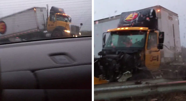 tractor trailer out of control barely misses car