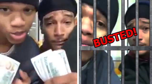 Two young men show off money. Prison bars are photoshopped in front of them.