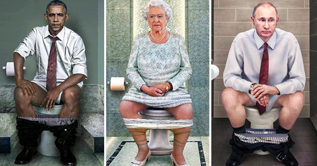 barack obama, queen elizabeth II, Vladamir Putin on the toilet