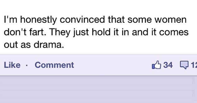 document - I'm honestly convinced that some women don't fart. They just hold it in and it comes out as drama. Comment 34 12