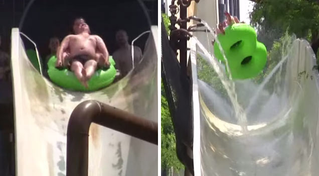 fat guy in speedo on waterslide