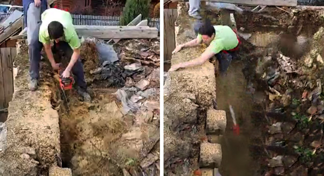 guy cuts through roof and falls when it collapses