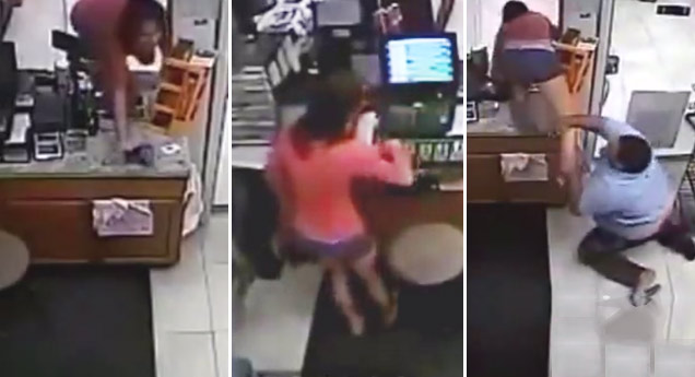 girl steals money from store, employee tries to stop her.