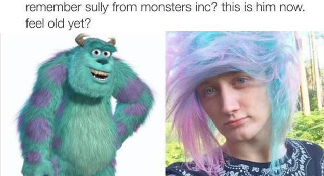 sully and guy with purple and blue hair