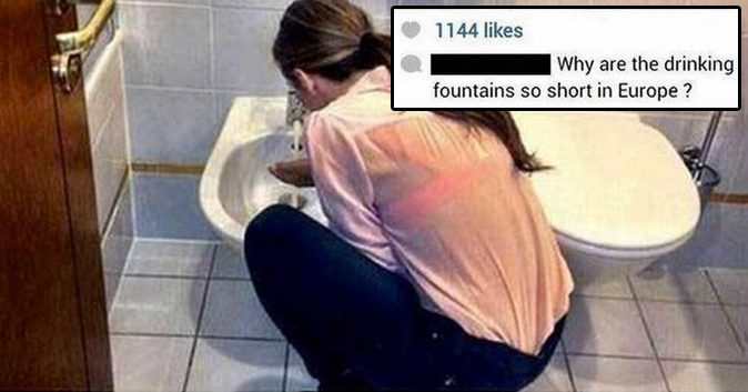 Pictured: Woman is facing bidet and hunched over it. Text: Why are the drinking fountains so short in Europe?