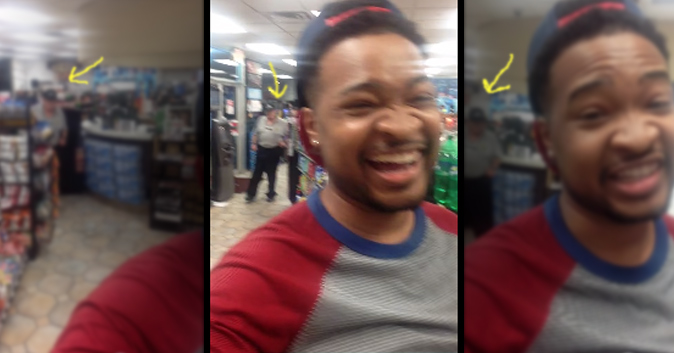 Black guy in three frames with the same white store employee looking at him in the background.