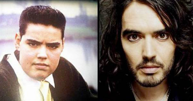 Russell Brand as a young, overweight child next to Russell Brand as a more in-shape adult.