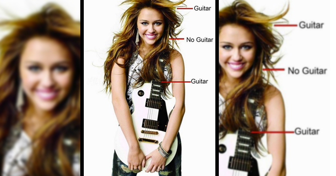 Miley Cyrus holding a guitar. The neck of the guitar disappears when it reaches her hair, but reappears at the top of her head. There is an invisible area of guitar that can be unseen through her hair.