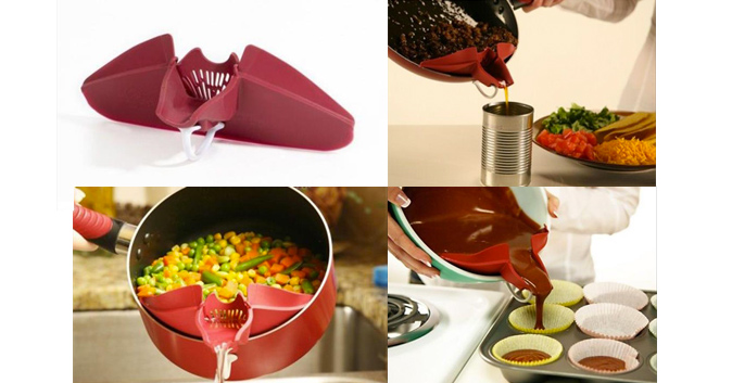 A funnel-like device that attaches to pots and bowls so that pouring out of those containers is more precise and easier.