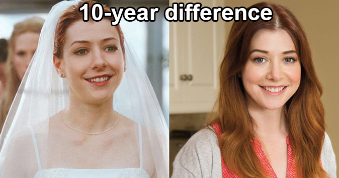 Alyson Hannigan looking the same in two separate photos taken 10 years apart.