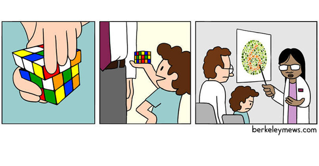 First panel: Hands turning a rubik's cube. Second panel: boy proudly showing off an unsolved rubik's cube to an adult. Third panel: Boy, sitting sadly next to father in a doctor's office while doctor points at colorblind test.