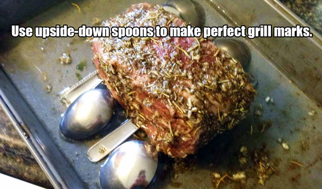 steak on top of upside-down spoons