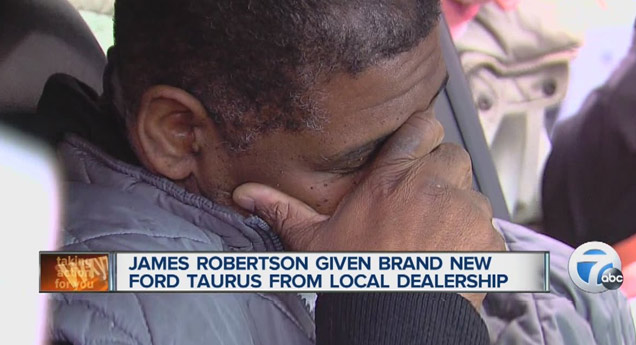 man cries tears of joy over free new car