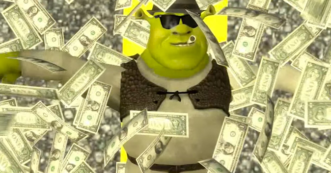 Shrek smokes pot and lays in the street, covered by money.