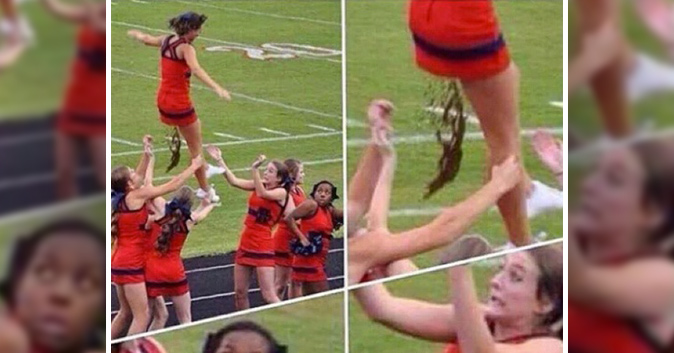 cheerleader at the top of a pyramid pooping. the cheerleaders underneath look afraid.