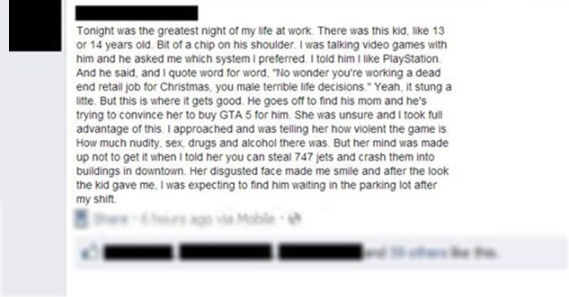 document - Tonight was the greatest night of my life at work. There was this kid, 13 or 14 years old. Bit of a chip on his shoulder. I was talking video games with him and he asked me which system I preferred. I told him I PlayStation And he said, and I q