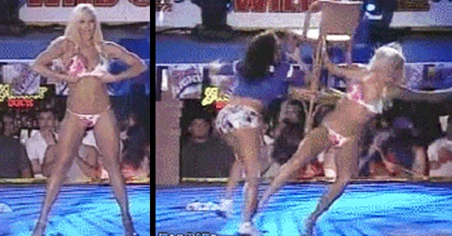 girl in bikini prepares to flash when she is hit by another woman with a chair