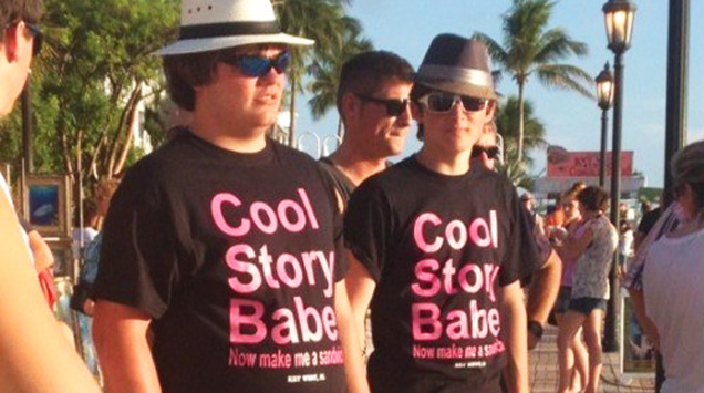 Cringeworthy dudes with offensive t-shirts and fedoras