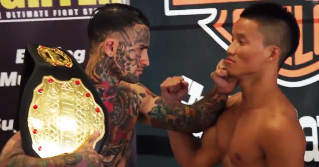 tattooed mma fighter acting like douche during pre-fight matchup