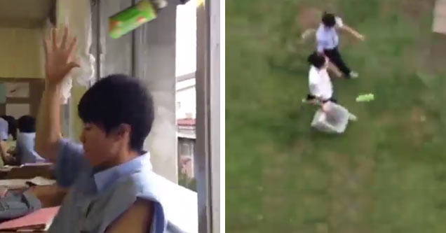 kid throws bottle out the window and lands in trash can outside of building