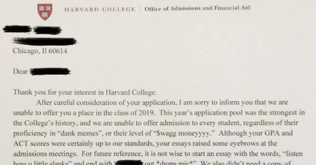 				           Harvard university sent out rejection letter funny random lol gtomustang21