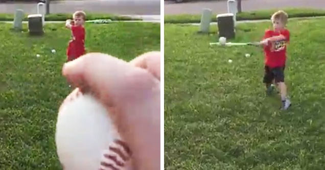 dad throws ball to son and he hits it right back at him