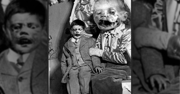 A man wearing a creepy mask holding an equally creepy ventriloquist dummy.