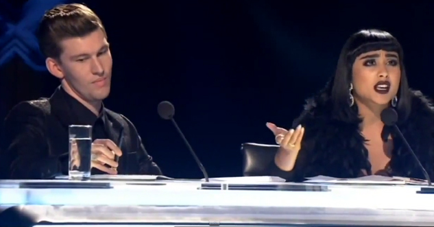 Natalia Kills and Willy Moon look pissed on the judge's panel of New Zealand X Factor