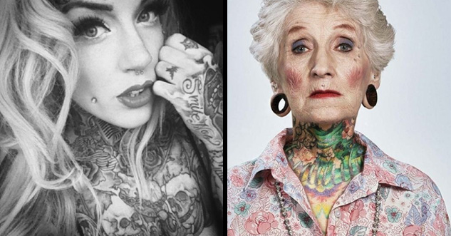 on left is a black and white photo of a hot woman with neck and chest tattoos. on the right is an old woman with neck and chest tattoos.