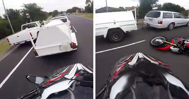 biker follows too closely and hits trailer and crashes