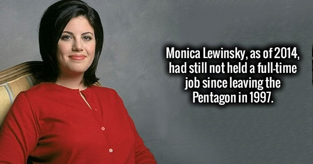 black hair - Monica Lewinsky, as of 2014, had still not held a fulltime job since leaving the Pentagon in 1997.