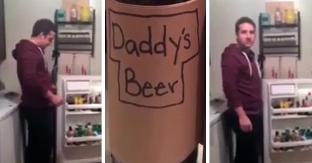 man opens fridge sees beer that says daddys beer looks at camera and sighs