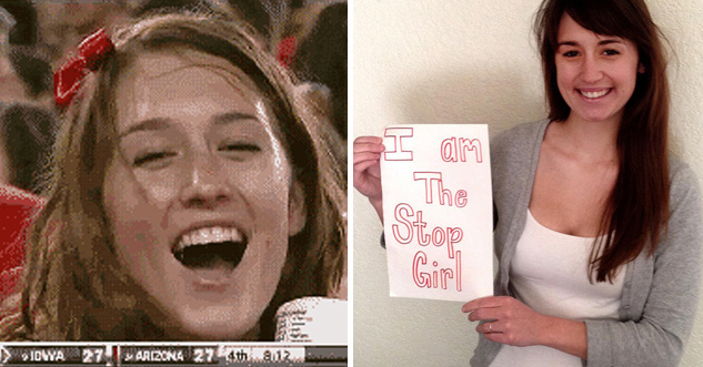 Stop girl on one side smiling. other side shows stop girl now, holding a side that says, 'I am the Stop Girl.' Also she's still hot.