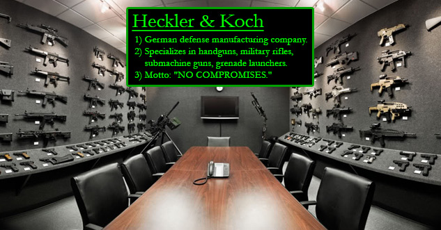 Heckler & Koch 1) German defense manufacturing company. 2) Specializes in handguns, military rifles, submachine guns, grenade launchers. 3) Motto: