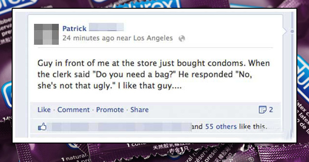 web page - Patrick 24 minutes ago near Los Angeles Guy in front of me at the store just bought condoms. When the clerk said