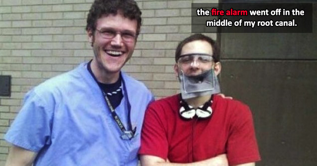 dentist posing with patient who evacuated in the middle of a root canal