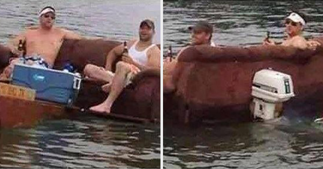 guys on a couch made into a motor boat