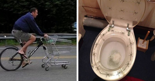 Left side: Guy rides a bicycle where the front tire is replaced with a shopping cart. Right side: a clear plastic toilet seat with barb wire encased in the plastic