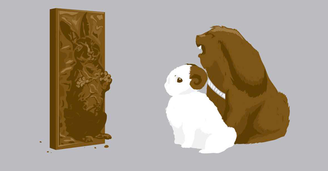 Bunnies that look like Chewbacca and Leia look at a bunny that looks like Han Solo, encased in chocolate.